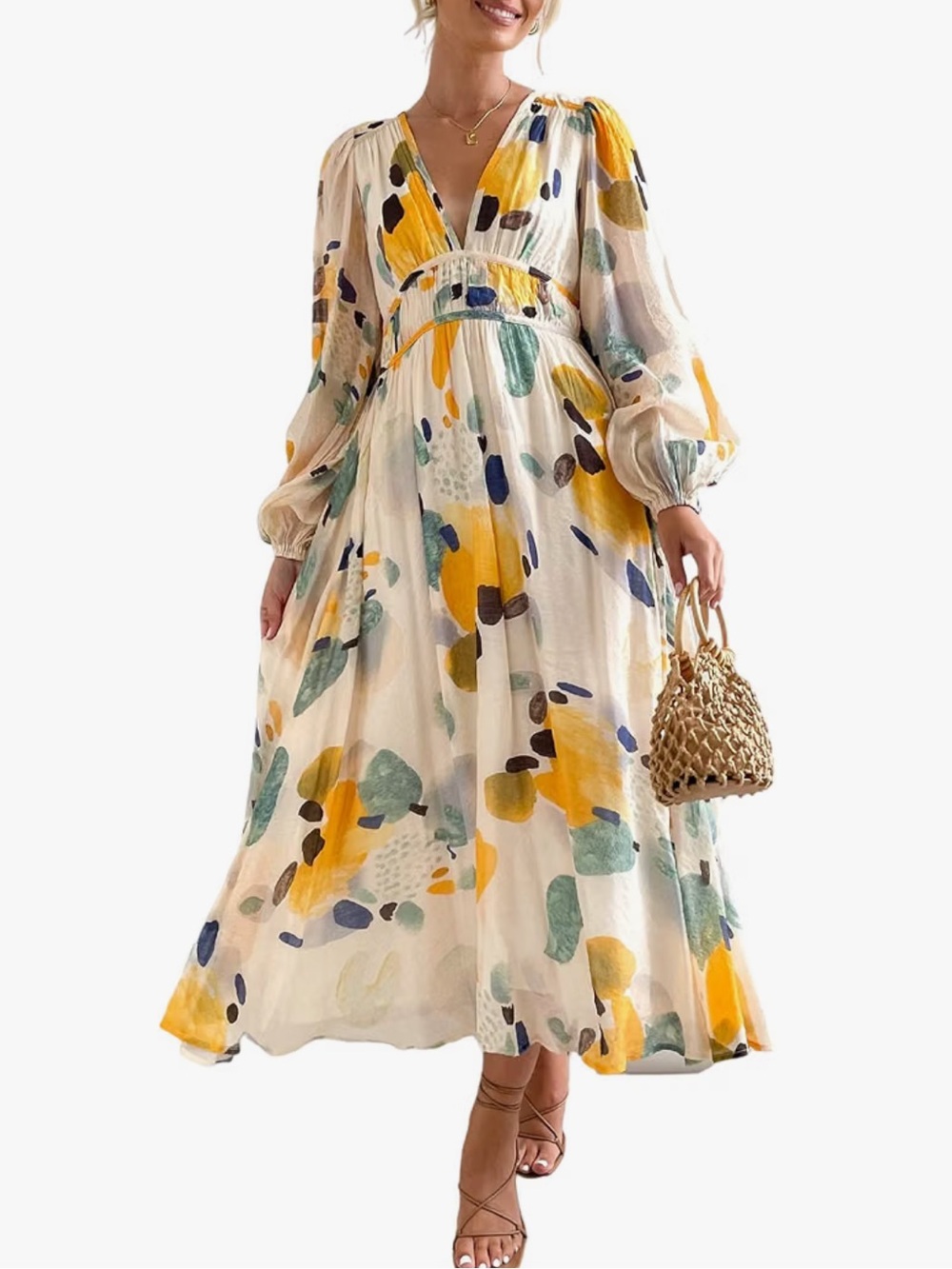 Abstract Floral Wrap Maxi Dress in White, Yellow & Blue
